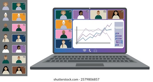 Video call conference, working from home. Colleagues of different nationalities and ages talk to each other on the laptop screen. Isolated illustration on white background in flat style trendy colors