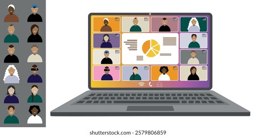 Video call conference, working from home. Colleagues of different nationalities and ages talk to each other on the laptop screen. Isolated illustration on white background in flat style trendy colors