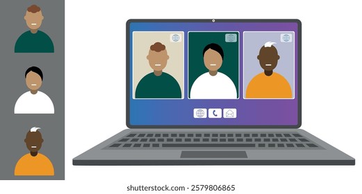Video call conference, working from home. Colleagues of different nationalities and ages talk to each other on the laptop screen. Isolated illustration on white background in flat style trendy colors