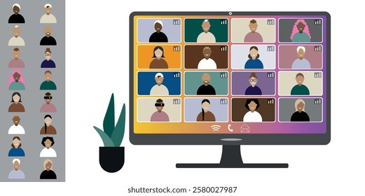 Video call conference, working from home. Colleagues of different nationalities and ages talk to each other on computer screen. Isolated illustration on white background in flat style trendy colors