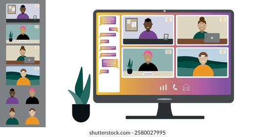 Video call conference, working from home. Colleagues of different nationalities and ages talk to each other on computer screen. Isolated illustration on white background in flat style trendy colors