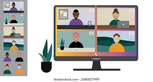 Video call conference, working from home. Colleagues of different nationalities and ages talk to each other on computer screen. Isolated illustration on white background in flat style trendy colors