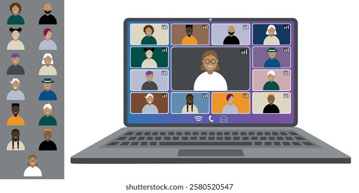 Video call conference, working from home. Colleagues of different nationalities and ages talk to each other on the laptop screen. Isolated illustration on white background in flat style trendy colors