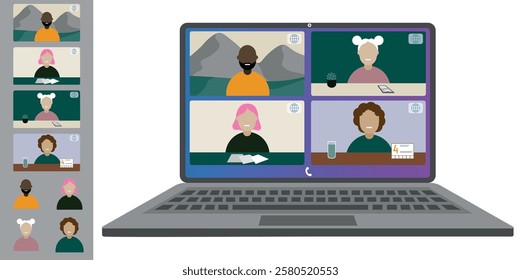 Video call conference, working from home. Colleagues of different nationalities and ages talk to each other on the laptop screen. Isolated illustration on white background in flat style trendy colors