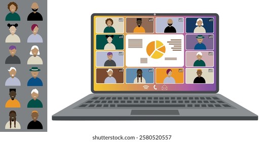 Video call conference, working from home. Colleagues of different nationalities and ages talk to each other on the laptop screen. Isolated illustration on white background in flat style trendy colors