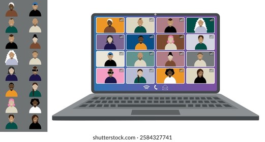 Video call conference working from home Colleagues of different nationalities and ages talk to each other on the laptop screen Isolated illustration on white background in flat style trendy colors
