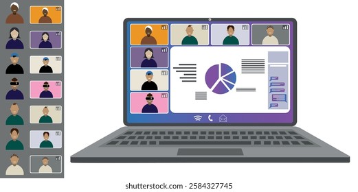 Video call conference working from home Colleagues of different nationalities and ages talk to each other on the laptop screen Isolated illustration on white background in flat style trendy colors