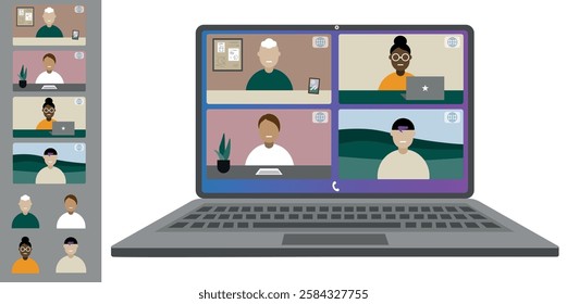Video call conference working from home Colleagues of different nationalities and ages talk to each other on the laptop screen Isolated illustration on white background in flat style trendy colors