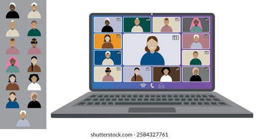 Video call conference working from home Colleagues of different nationalities and ages talk to each other on the laptop screen Isolated illustration on white background in flat style trendy colors
