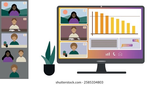 Video call conference, working from home. Colleagues of different nationalities and ages talk to each other on computer screen. Isolated illustration on white background in flat style trendy colors
