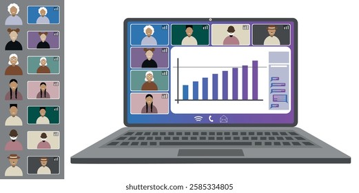 Video call conference, working from home. Colleagues of different nationalities and ages talk to each other on the laptop screen. Isolated illustration on white background in flat style trendy colors