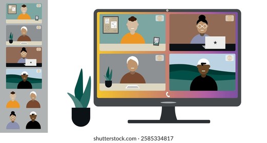 Video call conference, working from home. Colleagues of different nationalities and ages talk to each other on computer screen. Isolated illustration on white background in flat style trendy colors