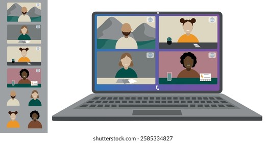 Video call conference, working from home. Colleagues of different nationalities and ages talk to each other on the laptop screen. Isolated illustration on white background in flat style trendy colors