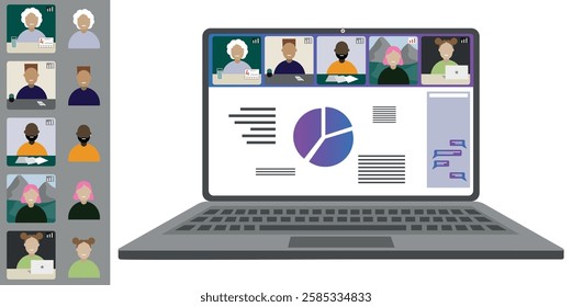 Video call conference, working from home. Colleagues of different nationalities and ages talk to each other on the laptop screen. Isolated illustration on white background in flat style trendy colors