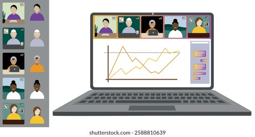 Video call conference, working from home. Colleagues of different nationalities and ages talk to each other on the laptop screen. Isolated illustration on white background in flat style trendy colors