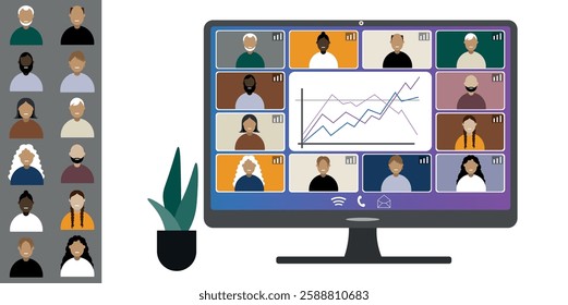 Video call conference, working from home. Colleagues of different nationalities and ages talk to each other on computer screen. Isolated illustration on white background in flat style trendy colors