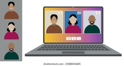 Video call conference, working from home. Colleagues of different nationalities and ages talk to each other on the laptop screen. Isolated illustration on white background in flat style trendy colors