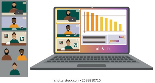 Video call conference, working from home. Colleagues of different nationalities and ages talk to each other on the laptop screen. Isolated illustration on white background in flat style trendy colors