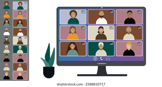 Video call conference, working from home. Colleagues of different nationalities and ages talk to each other on computer screen. Isolated illustration on white background in flat style trendy colors