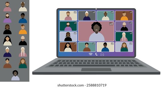 Video call conference, working from home. Colleagues of different nationalities and ages talk to each other on the laptop screen. Isolated illustration on white background in flat style trendy colors