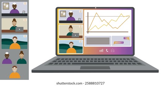 Video call conference, working from home. Colleagues of different nationalities and ages talk to each other on the laptop screen. Isolated illustration on white background in flat style trendy colors