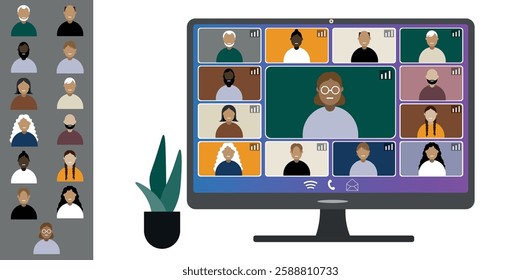 Video call conference, working from home. Colleagues of different nationalities and ages talk to each other on computer screen. Isolated illustration on white background in flat style trendy colors