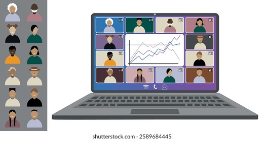 Video call conference, working from home. Colleagues of different nationalities and ages talk to each other on the laptop screen. Isolated illustration on white background in flat style trendy colors