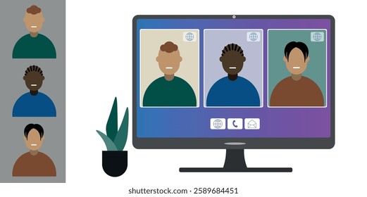 Video call conference, working from home. Colleagues of different nationalities and ages talk to each other on computer screen. Isolated illustration on white background in flat style trendy colors