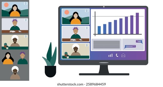 Video call conference, working from home. Colleagues of different nationalities and ages talk to each other on computer screen. Isolated illustration on white background in flat style trendy colors