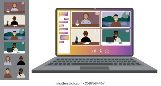 Video call conference, working from home. Colleagues of different nationalities and ages talk to each other on the laptop screen. Isolated illustration on white background in flat style trendy colors