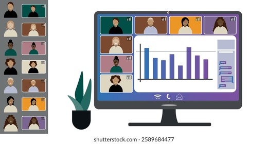 Video call conference, working from home. Colleagues of different nationalities and ages talk to each other on computer screen. Isolated illustration on white background in flat style trendy colors
