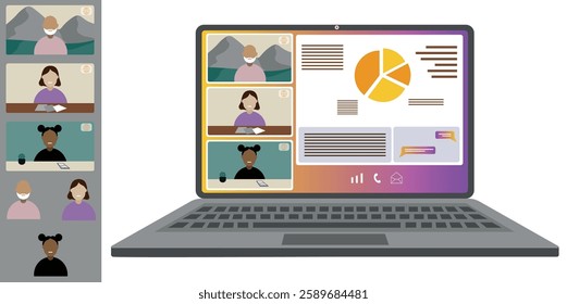 Video call conference, working from home. Colleagues of different nationalities and ages talk to each other on the laptop screen. Isolated illustration on white background in flat style trendy colors