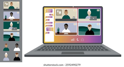 Video call conference, working from home. Colleagues of different nationalities and ages talk to each other on the laptop screen. Isolated illustration on white background in flat style trendy colors