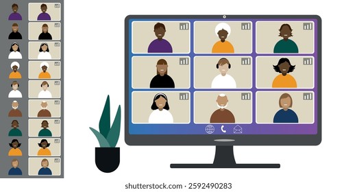 Video call conference, working from home. Colleagues of different nationalities and ages talk to each other on computer screen. Isolated illustration on white background in flat style trendy colors