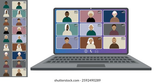 Video call conference, working from home. Colleagues of different nationalities and ages talk to each other on the laptop screen. Isolated illustration on white background in flat style trendy colors