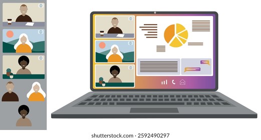 Video call conference, working from home. Colleagues of different nationalities and ages talk to each other on the laptop screen. Isolated illustration on white background in flat style trendy colors