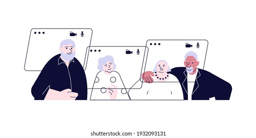Video call connecting for keep social distancing. Elderly People have online meeting. Flat Art Vector illustration