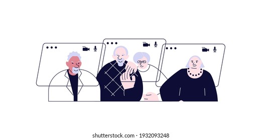 Video call connecting for keep social distancing. Elderly People have online meeting. Flat Art Vector illustration