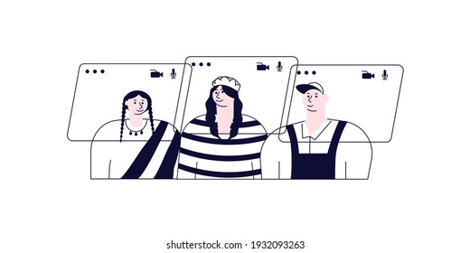 Video call connecting for keep social distancing. People have online meeting. Flat Art Vector illustration