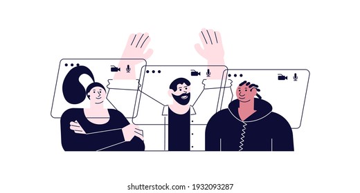 Video call connecting for keep social distancing. People have online meeting. Flat Art Vector illustration