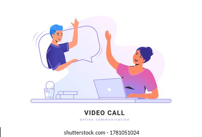 Video call conversation or chat. Concept vector illustration of young woman sitting at workdesk and talking to her friend via video call app using laptop. Online communication technology white banner