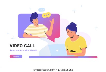 Video call conversation or chat. Concept vector illustration of young woman sitting at workdesk and talking to her friend via video call app using laptop. Online communication technology white banner