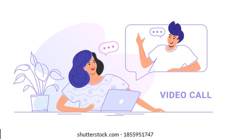 Video call conversation or chat. Concept vector illustration of young woman sitting at workdesk and talking to her friend via video call on the laptop. Online communication technology white banner