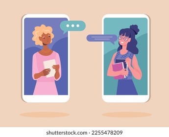 Conversación de videollamadas. Comunicación en redes sociales y mensajería instantánea. Dos mujeres en la pantalla del smartphone, novias y estudiantes. Discusión en Internet. Dibujo vectorial plano de dibujos animados