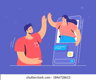 Video Call Conversation And Couple Giving A High-five. Concept Vector Illustration Of Two Friends Talking Via Video Call On A Chat Messenger. Online Conference And Distance Communications For People 