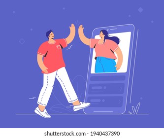 Video call conversation and couple giving a high-five. Concept vector illustration of two friends talking via video call on a big smartphone. Online conference and distance communications for people 