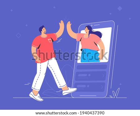 Video call conversation and couple giving a high-five. Concept vector illustration of two friends talking via video call on a big smartphone. Online conference and distance communications for people 