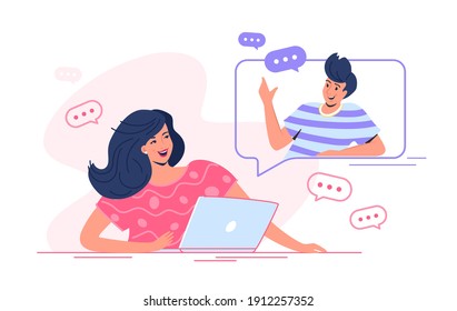 Video call conversation or online chat. Concept vector illustration of young woman sitting at workdesk and talking to her friend via video call app using laptop. Communication technology white banner