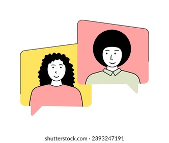 Video call conversation or online chat. Concept vector illustration of young woman sitting at workdesk and talking to her friend via video call app using laptop.