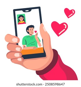 video call of a couple of lovers.vector illustration.communication by video via smartphone.flat design on white background